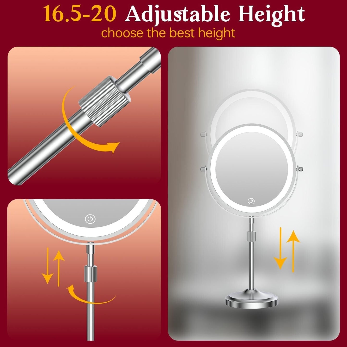 Miroir de maquillage à 9 lumières LED, miroir grossissant double face avec grossissement 1X/10X, 3 couleurs d'éclairage