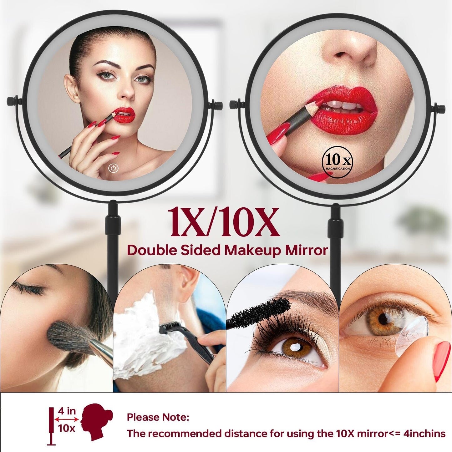 Miroir de maquillage à 9 lumières LED, miroir grossissant double face avec grossissement 1X/10X, 3 couleurs d'éclairage