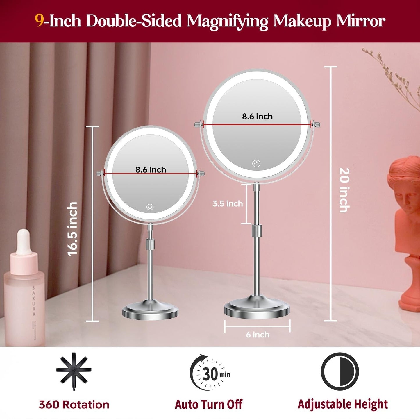 Miroir de maquillage à 9 lumières LED, miroir grossissant double face avec grossissement 1X/10X, 3 couleurs d'éclairage