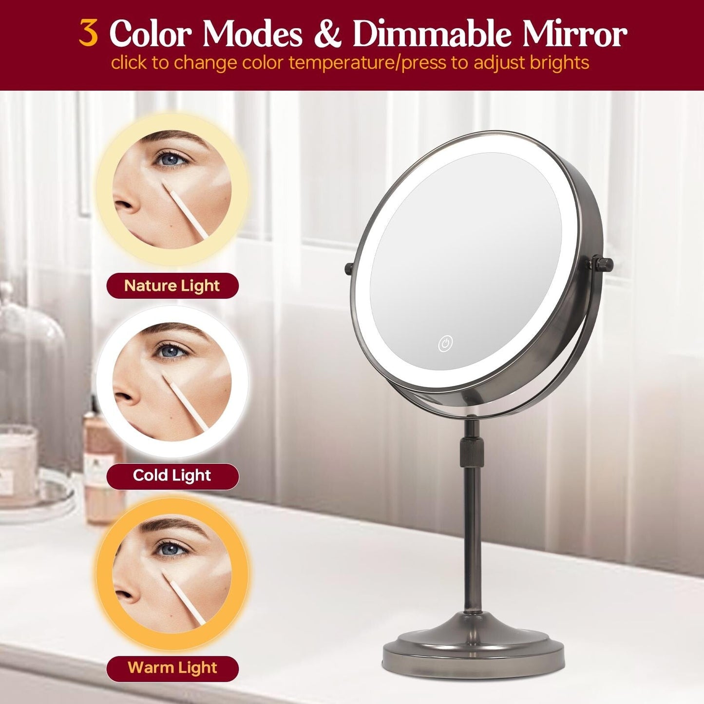 Miroir de maquillage à 9 lumières LED, miroir grossissant double face avec grossissement 1X/10X, 3 couleurs d'éclairage
