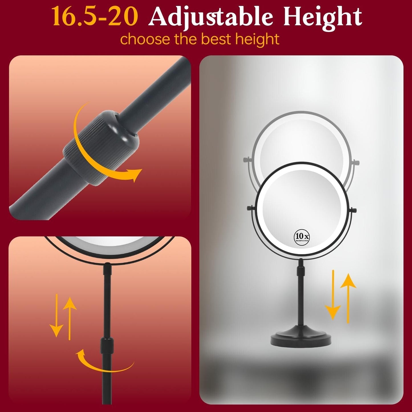 Miroir de maquillage à 9 lumières LED, miroir grossissant double face avec grossissement 1X/10X, 3 couleurs d'éclairage