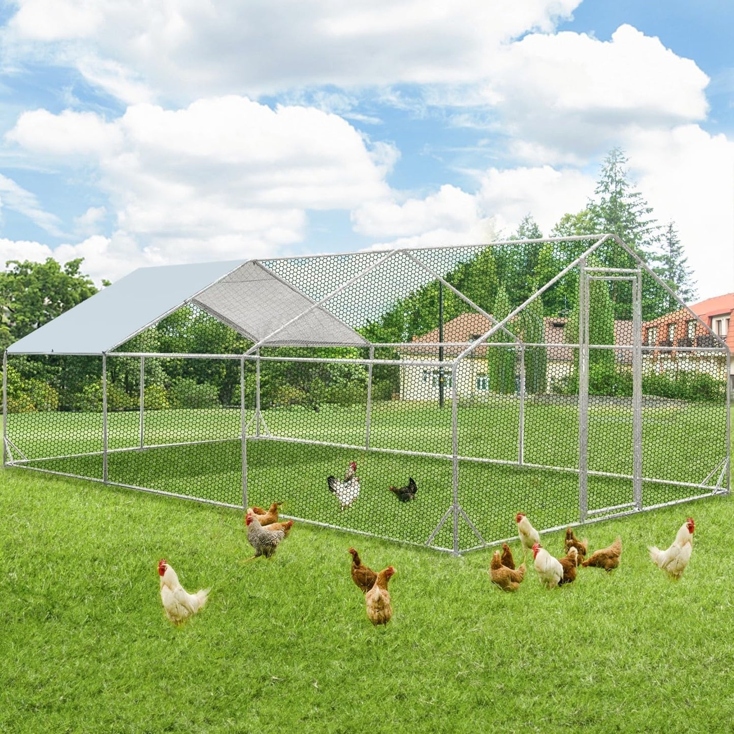AECOJOY Grande Volière pour Poules en Métal, Cage à Poules en Métal avec Accès Direct