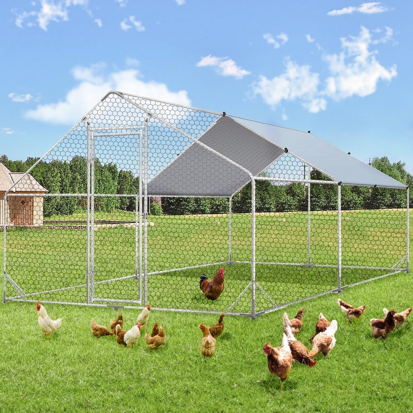 AECOJOY Grande Volière pour Poules en Métal, Cage à Poules en Métal avec Accès Direct