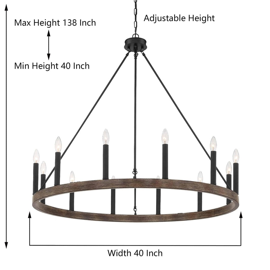 Suspension Acroma à 12 lumières, style ferme, en forme de roue de charrette de 40 pouces, avec certification UL - 40'' de diamètre x 138'' de hauteur