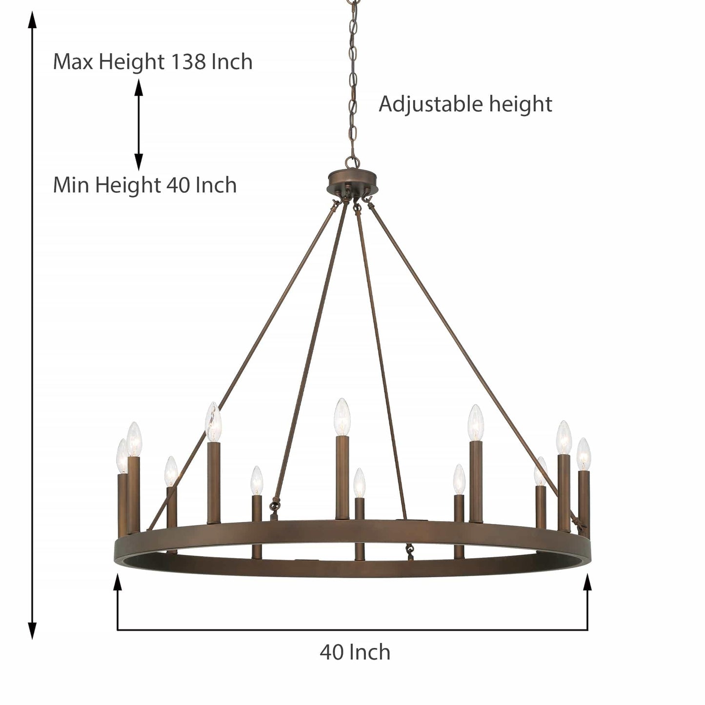 Suspension Acroma à 12 lumières, style ferme, en forme de roue de charrette de 40 pouces, avec certification UL - 40'' de diamètre x 138'' de hauteur