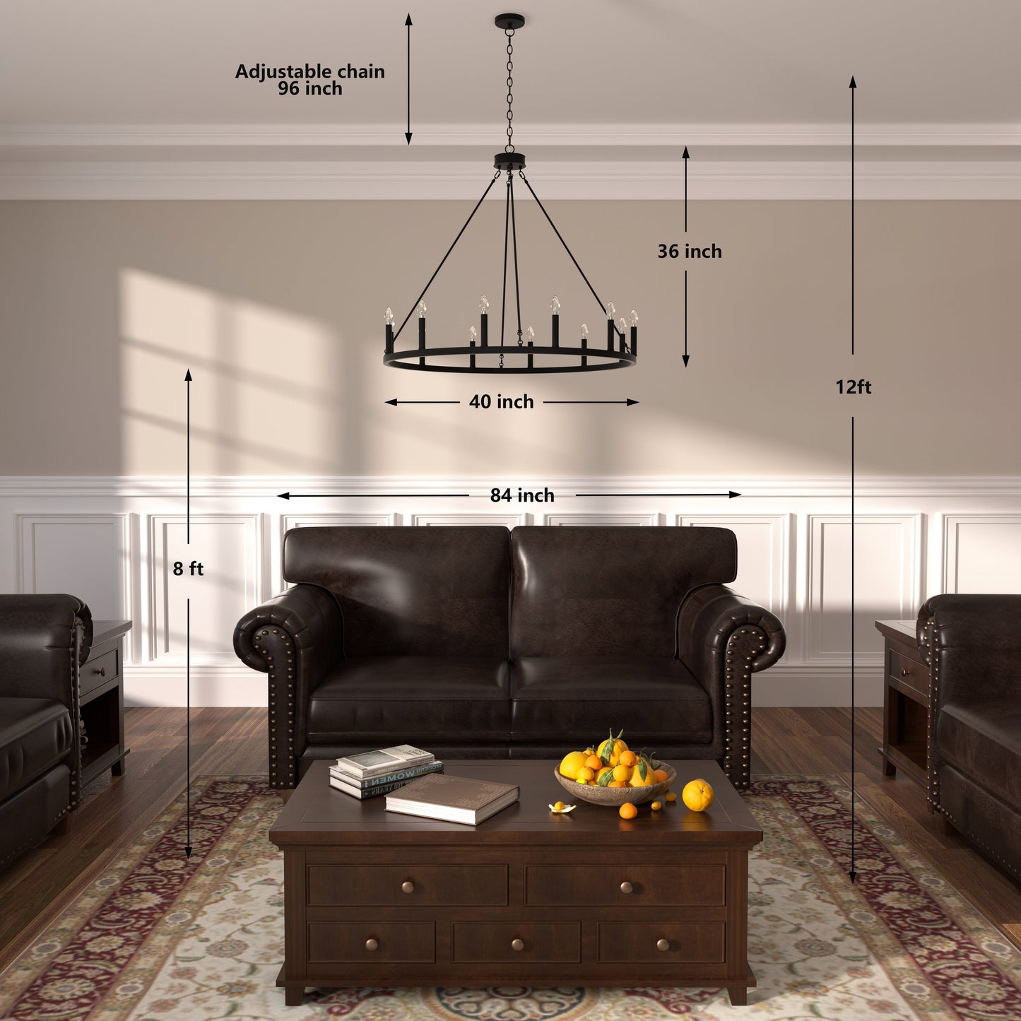 Suspension Acroma à 12 lumières, style ferme, en forme de roue de charrette de 40 pouces, avec certification UL - 40'' de diamètre x 138'' de hauteur