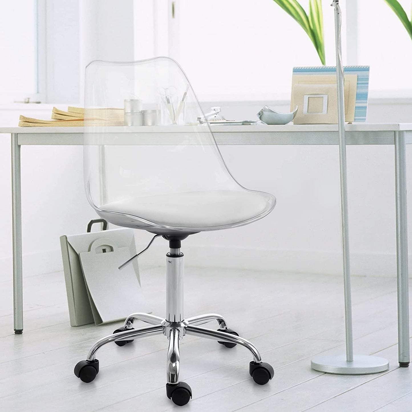 Chaise de bureau pivotante en acrylique, hauteur réglable, sans accoudoirs, sur roulettes, pour la maison.