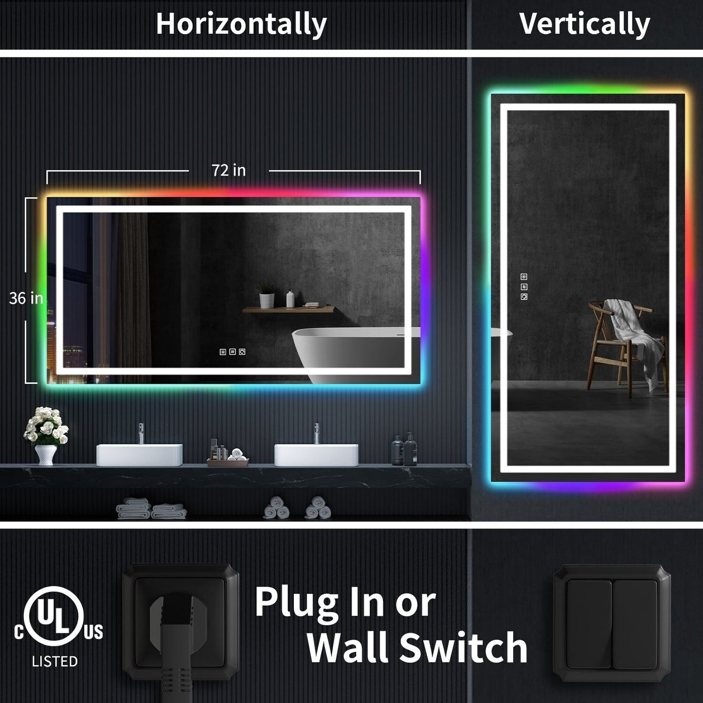 Miroir de salle de bain anti-buée avec rétroéclairage RGB et éclairage LED frontal