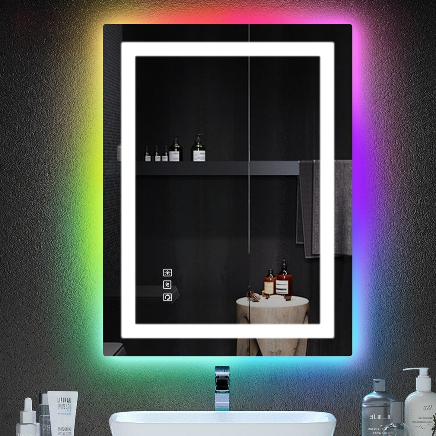 Miroir de salle de bain anti-buée avec rétroéclairage RGB et éclairage LED frontal