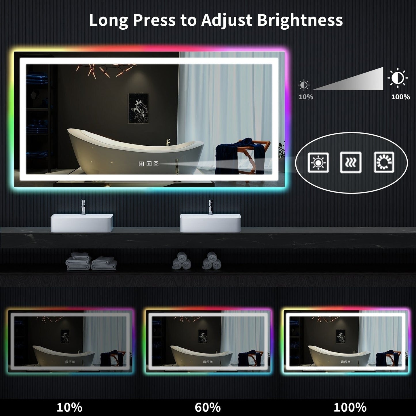 Miroir de salle de bain anti-buée avec rétroéclairage RGB et éclairage LED frontal