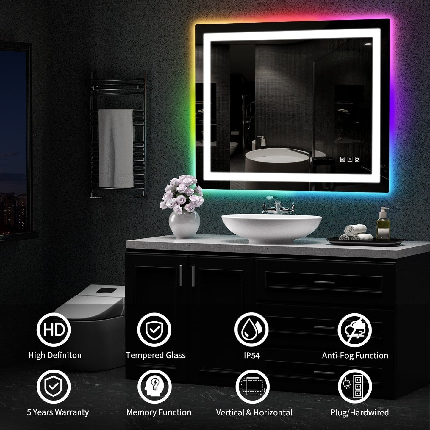 Miroir de salle de bain anti-buée avec rétroéclairage RGB et éclairage LED frontal