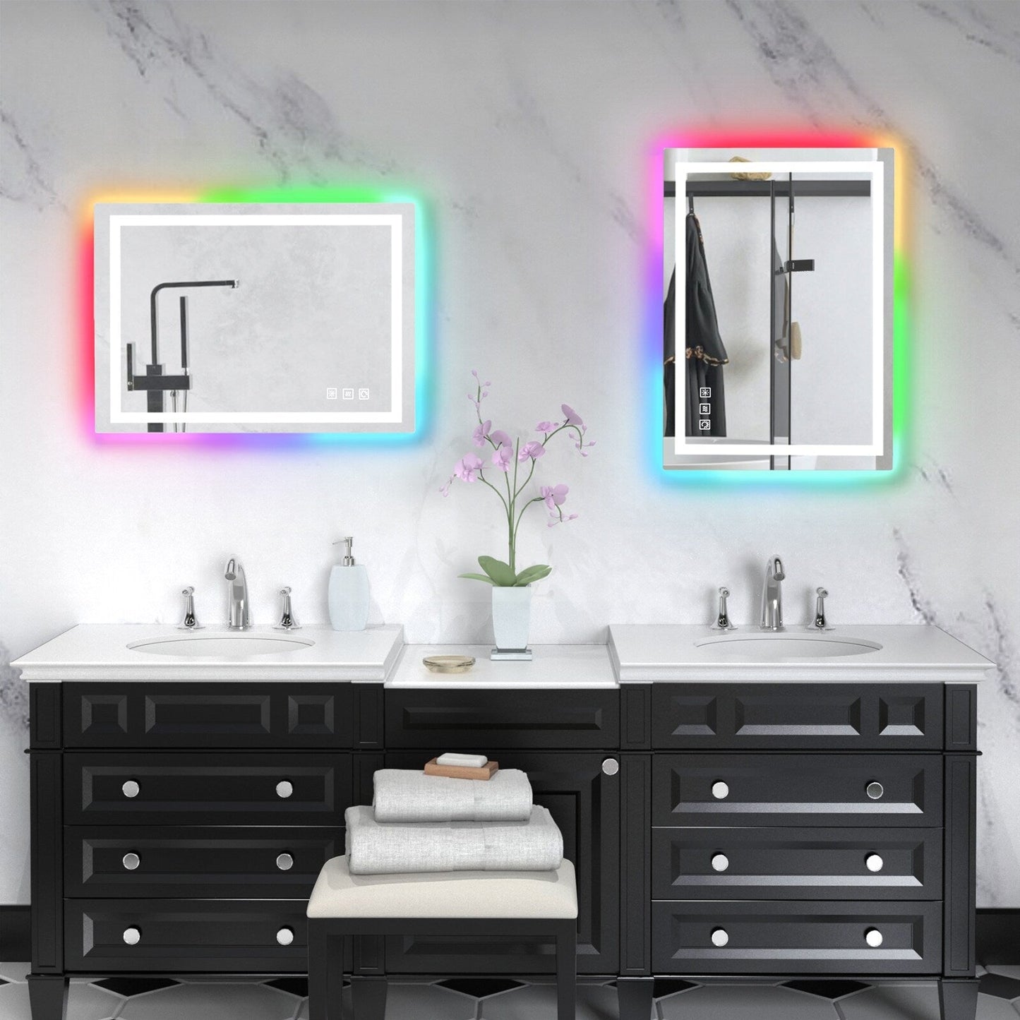 Miroir de salle de bain anti-buée avec rétroéclairage RGB et éclairage LED frontal