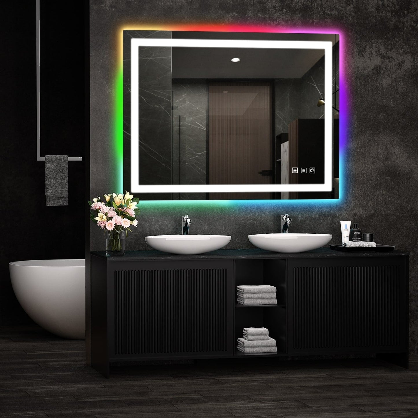 Miroir de salle de bain anti-buée avec rétroéclairage RGB et éclairage LED frontal