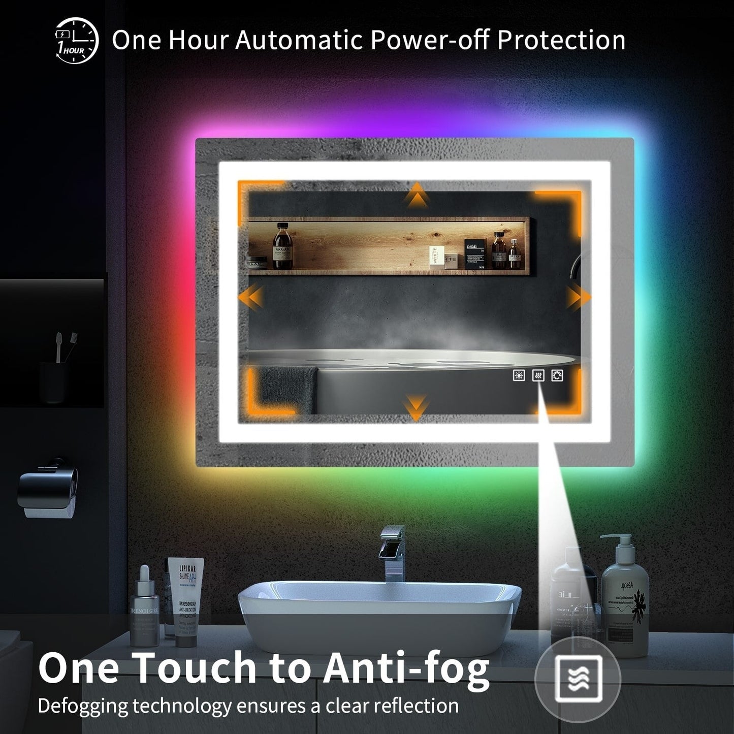 Miroir de salle de bain anti-buée avec rétroéclairage RGB et éclairage LED frontal