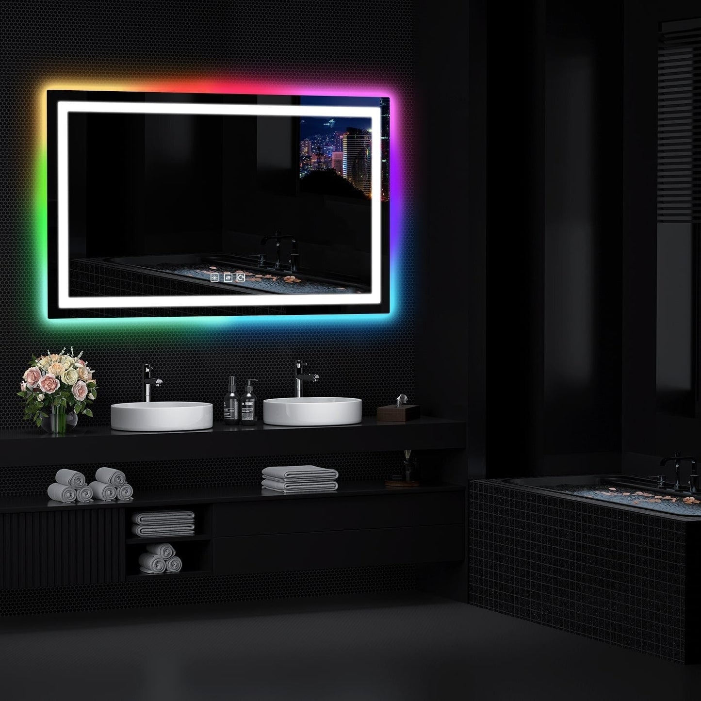 Miroir de salle de bain anti-buée avec rétroéclairage RGB et éclairage LED frontal