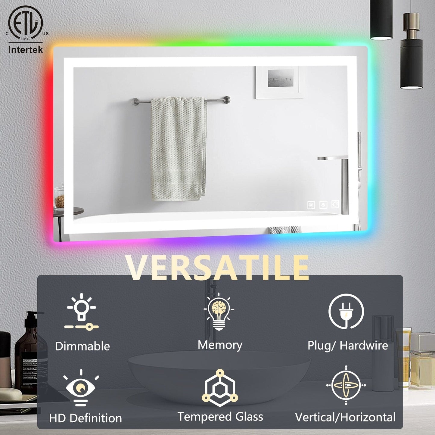 Miroir de salle de bain anti-buée avec rétroéclairage RGB et éclairage LED frontal
