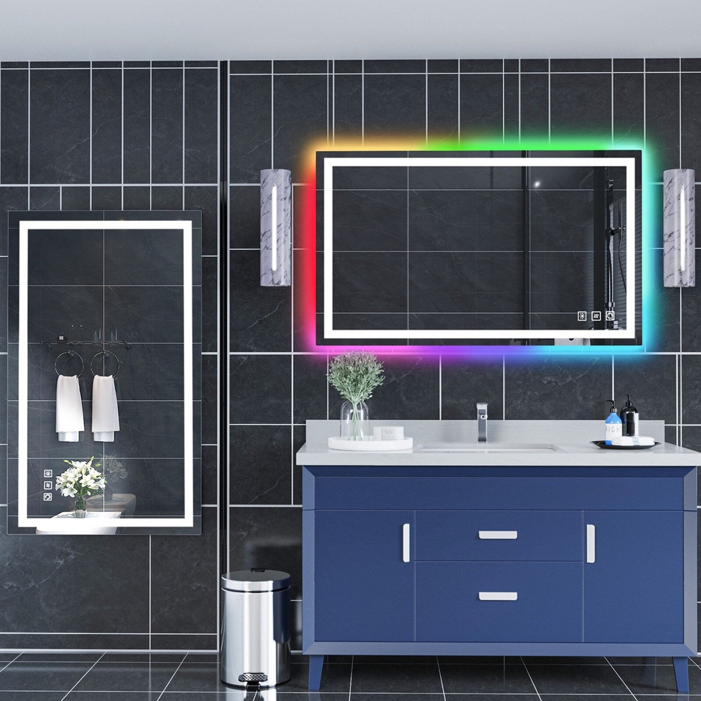 Miroir de salle de bain anti-buée avec rétroéclairage RGB et éclairage LED frontal