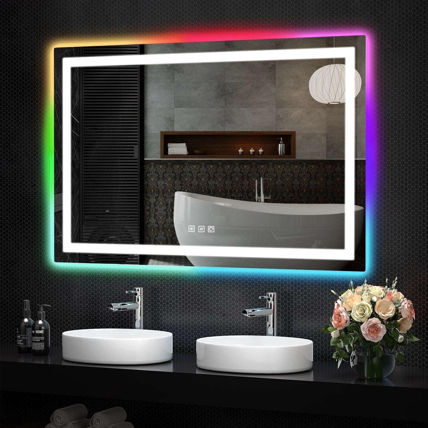 Miroir de salle de bain anti-buée avec rétroéclairage RGB et éclairage LED frontal