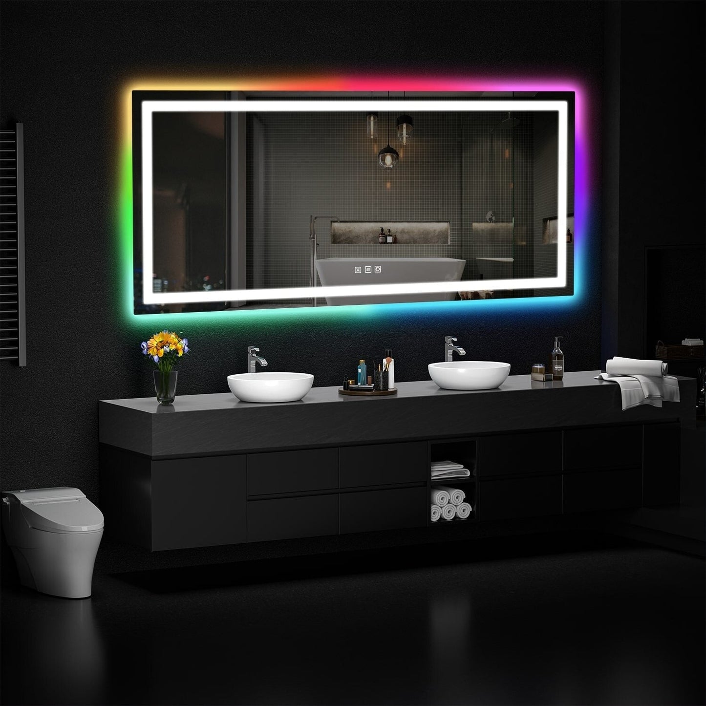 Miroir de salle de bain anti-buée avec rétroéclairage RGB et éclairage LED frontal