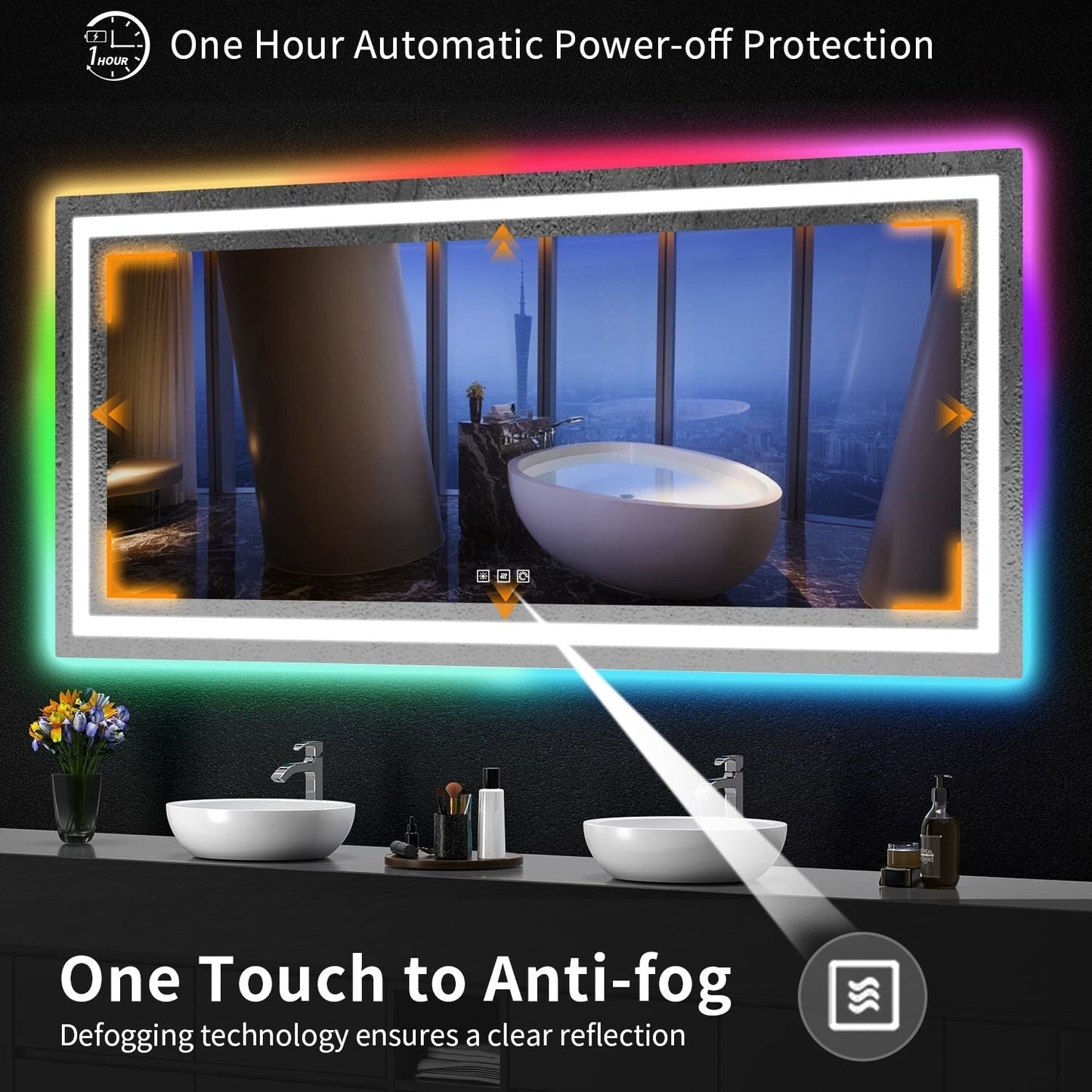 Miroir de salle de bain anti-buée avec rétroéclairage RGB et éclairage LED frontal