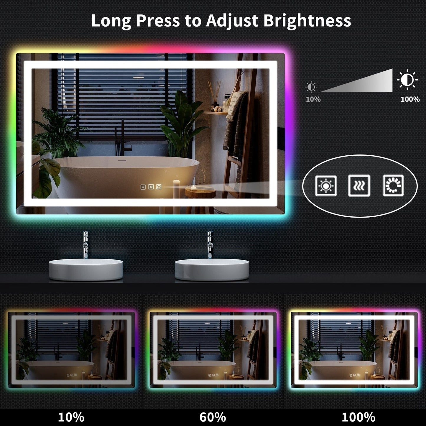 Miroir de salle de bain anti-buée avec rétroéclairage RGB et éclairage LED frontal