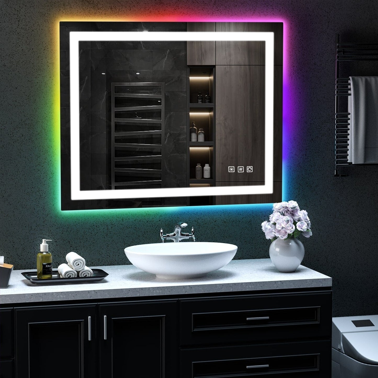 Miroir de salle de bain anti-buée avec rétroéclairage RGB et éclairage LED frontal
