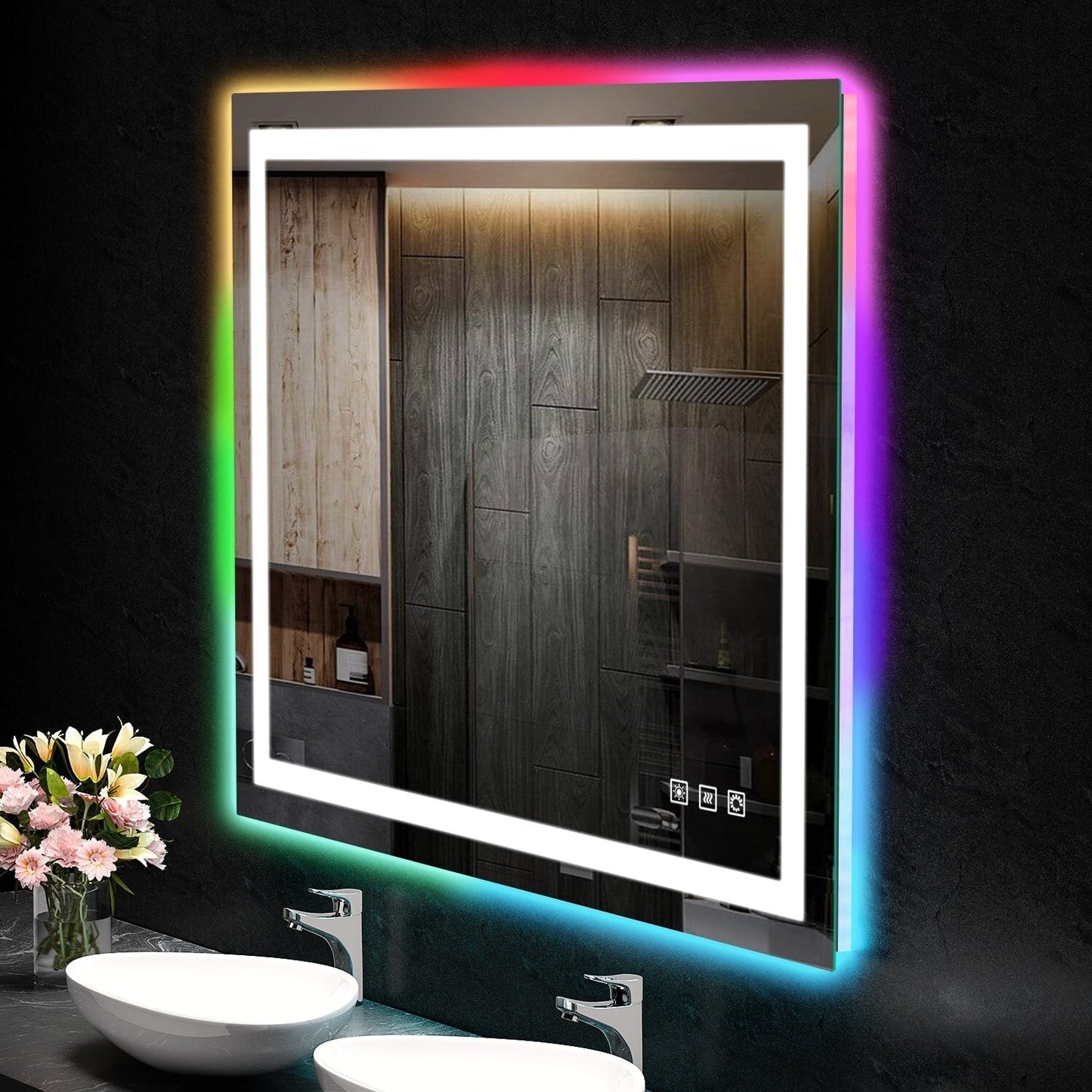 Miroir de salle de bain anti-buée avec rétroéclairage RGB et éclairage LED frontal