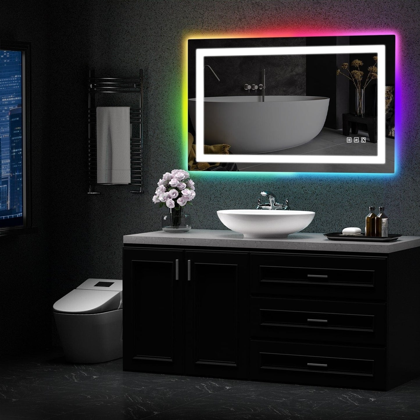 Miroir de salle de bain anti-buée avec rétroéclairage RGB et éclairage LED frontal