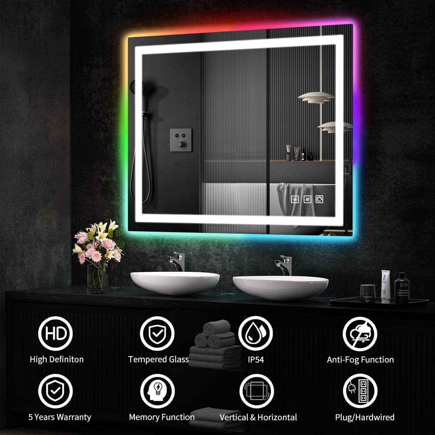 Miroir de salle de bain anti-buée avec rétroéclairage RGB et éclairage LED frontal