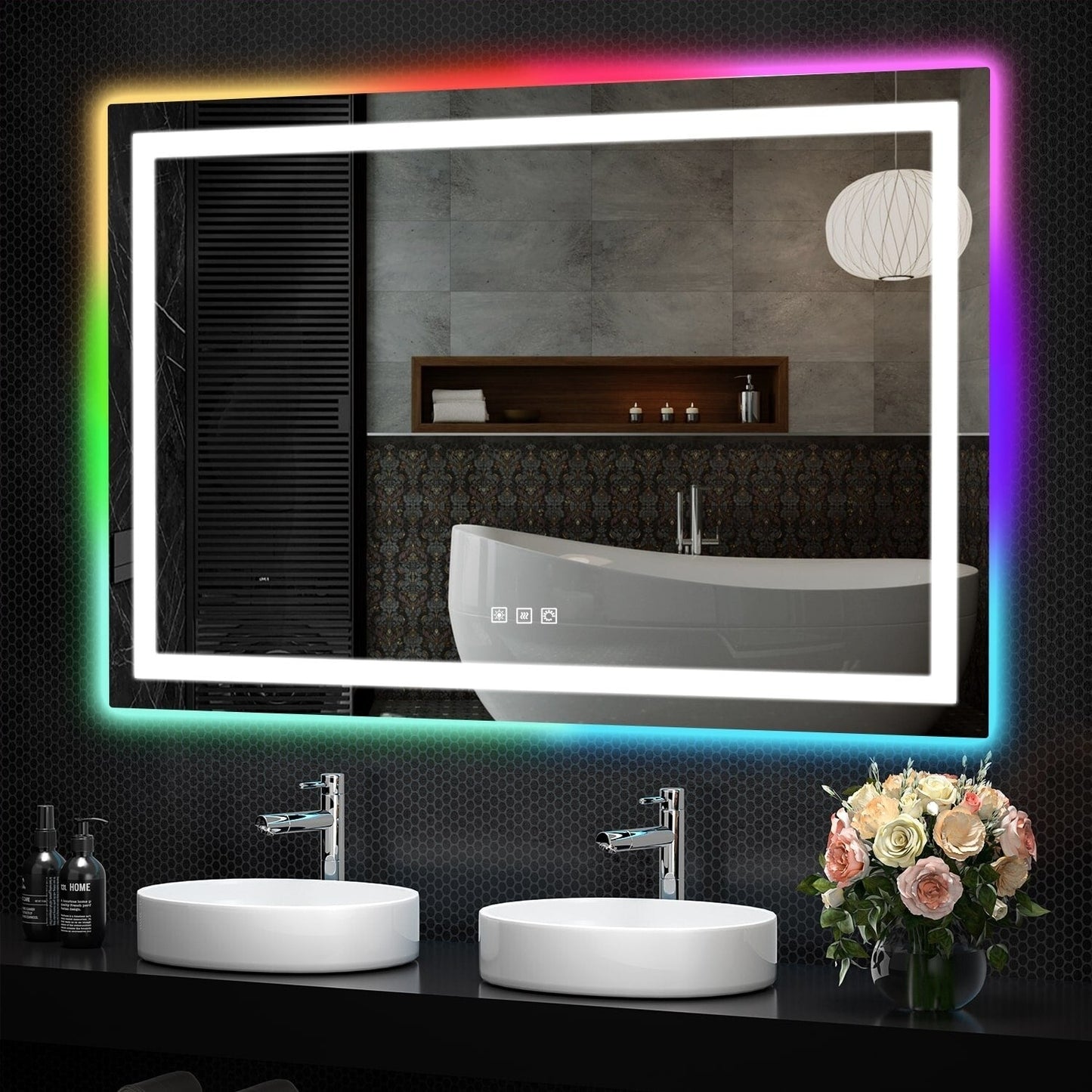 Miroir de salle de bain anti-buée avec rétroéclairage RGB et éclairage LED frontal
