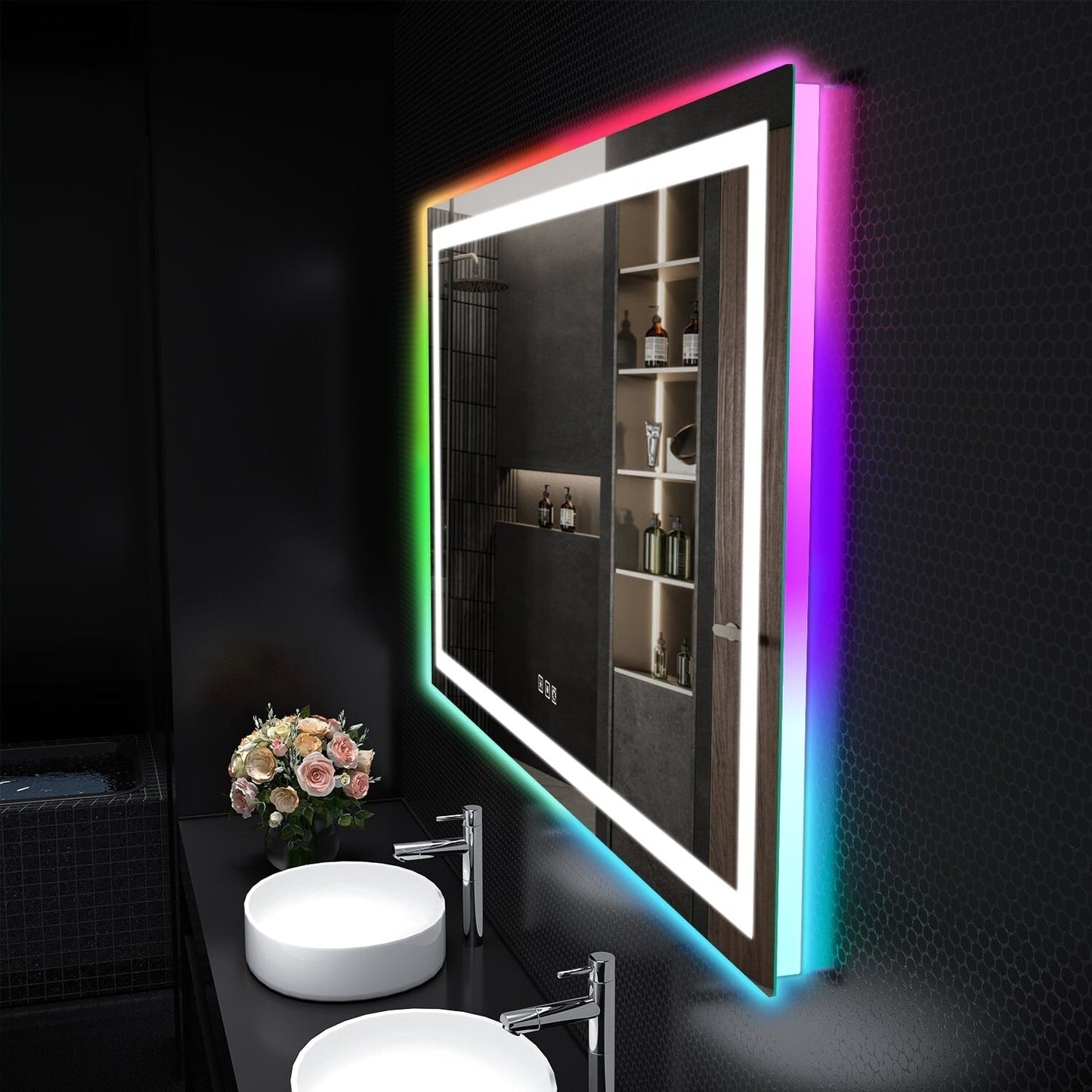 Miroir de salle de bain anti-buée avec rétroéclairage RGB et éclairage LED frontal