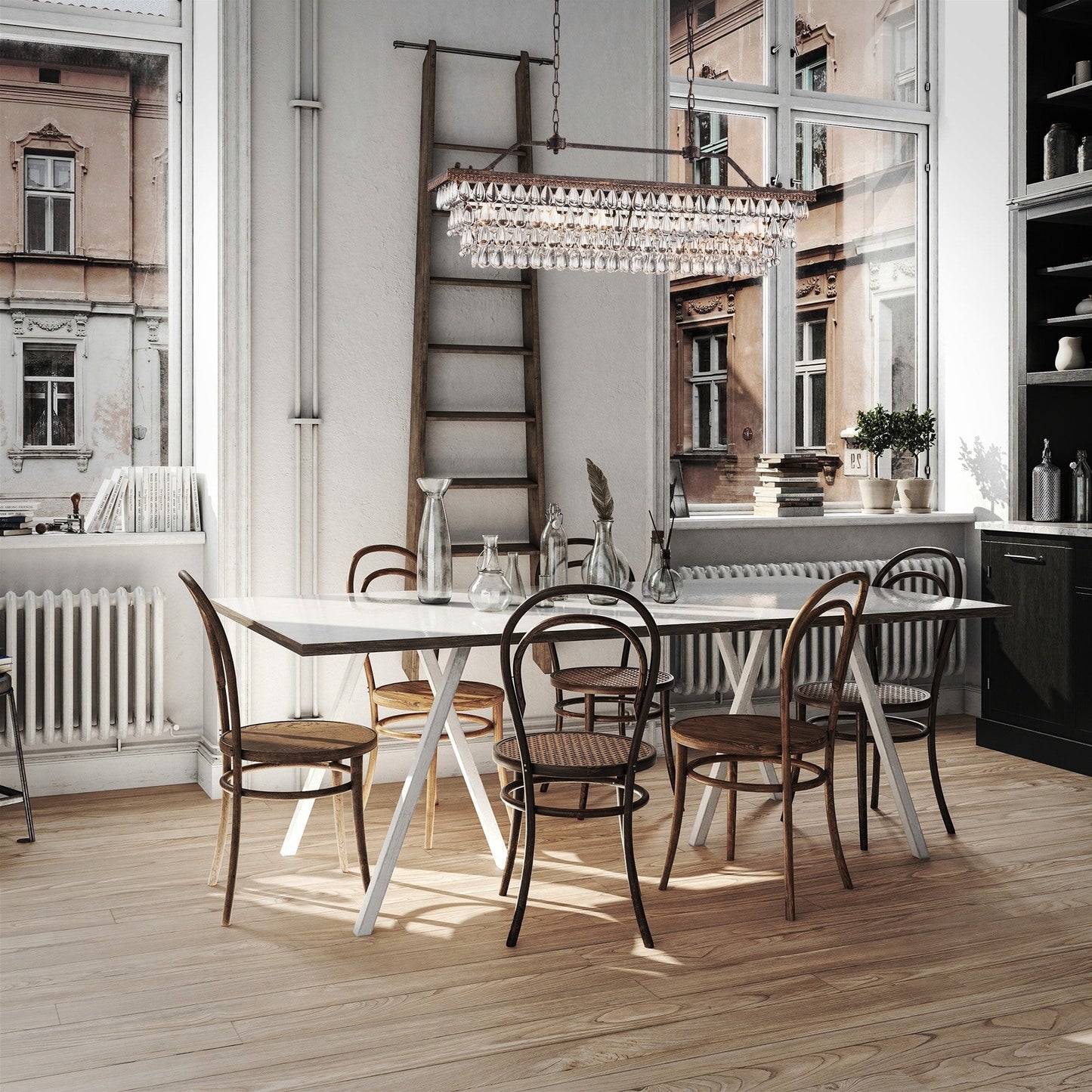 Suspension rectangulaire pour îlot de cuisine à 6 lumières en bronze antique avec cristaux - Bronze antique