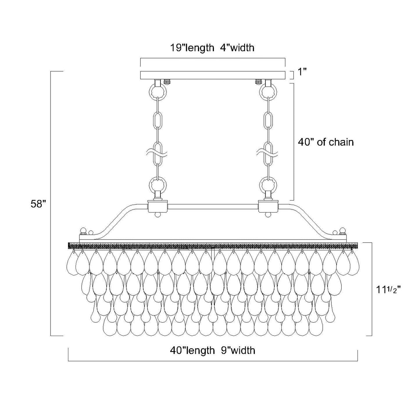 Suspension rectangulaire pour îlot de cuisine à 6 lumières en bronze antique avec cristaux - Bronze antique