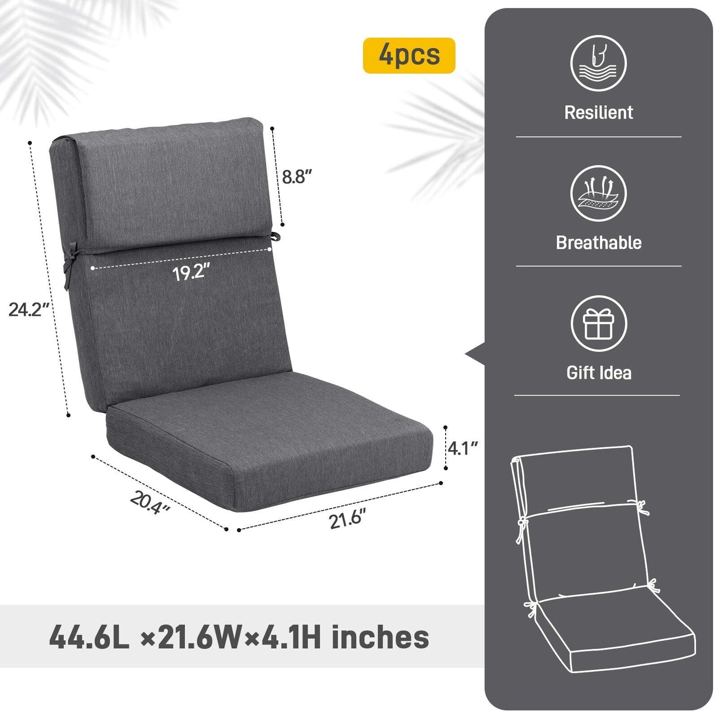 Aoodor Lot de 4 coussins pour chaises de jardin à dossier haut, 46x21x4 pouces (coussins uniquement)