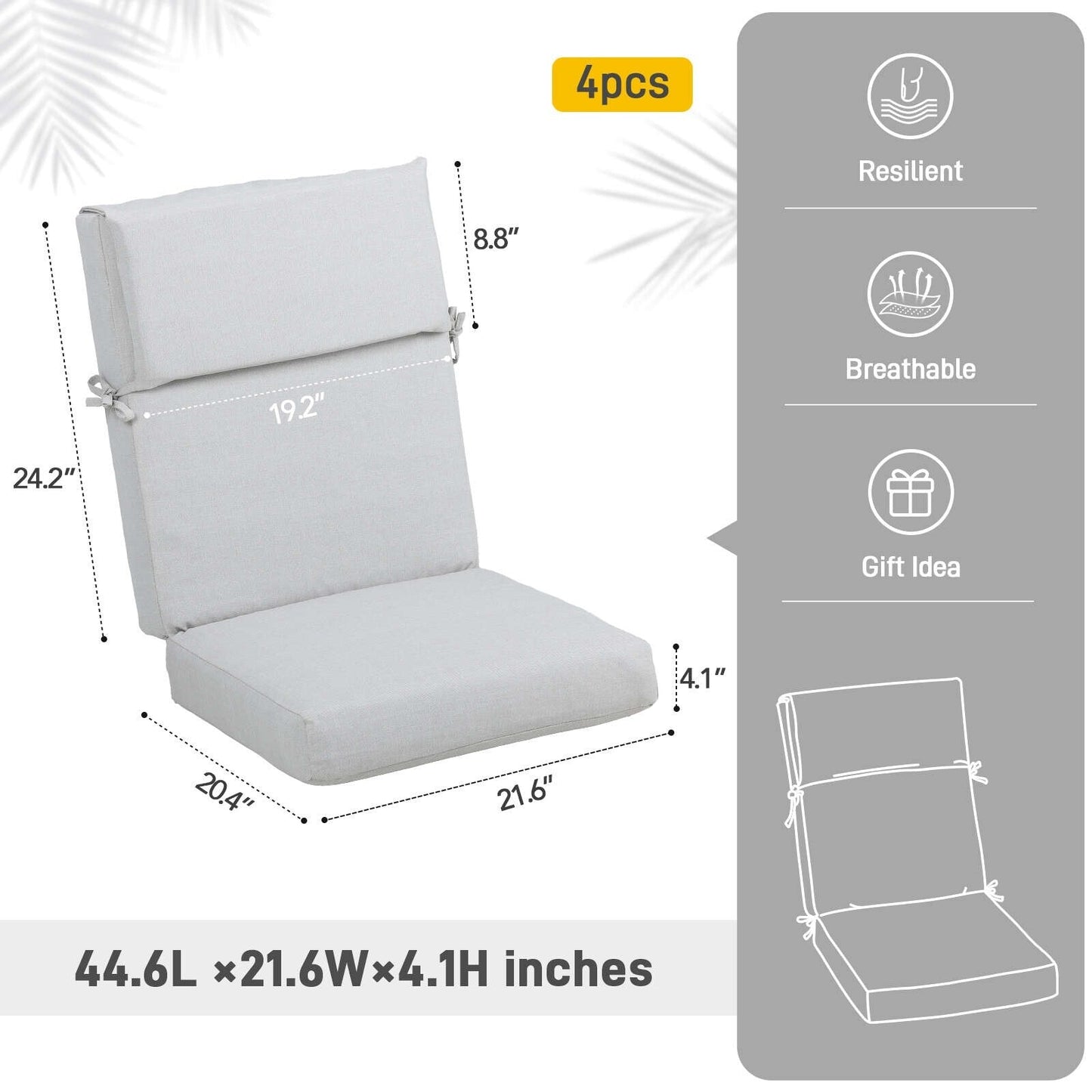 Aoodor Lot de 4 coussins pour chaises de jardin à dossier haut, 46x21x4 pouces (coussins uniquement)