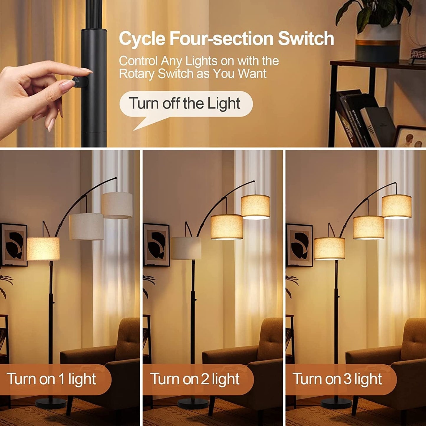 Lampe de sol LED à arc, moderne, noire, à intensité variable, avec 3 lumières, haute et arquée.