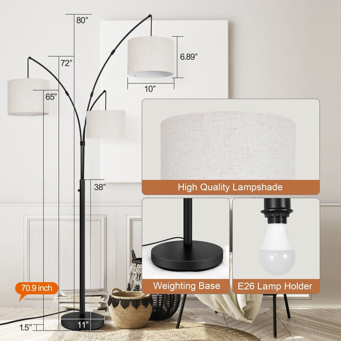 Lampe de sol LED à arc, moderne, noire, à intensité variable, avec 3 lumières, haute et arquée.