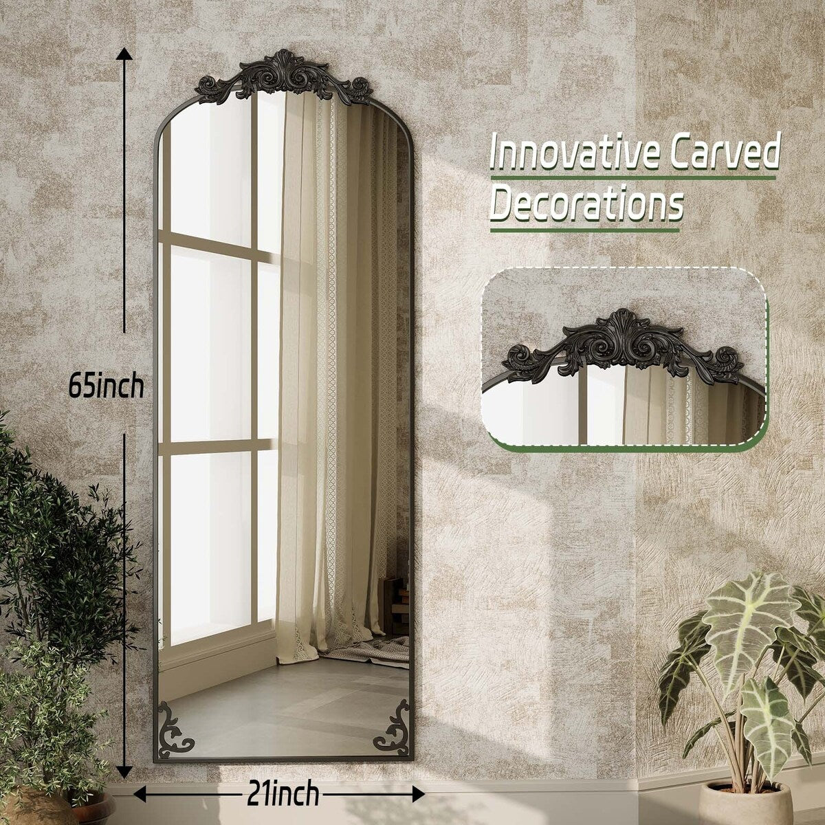 Grand miroir en forme d'arche avec motif floral baroque