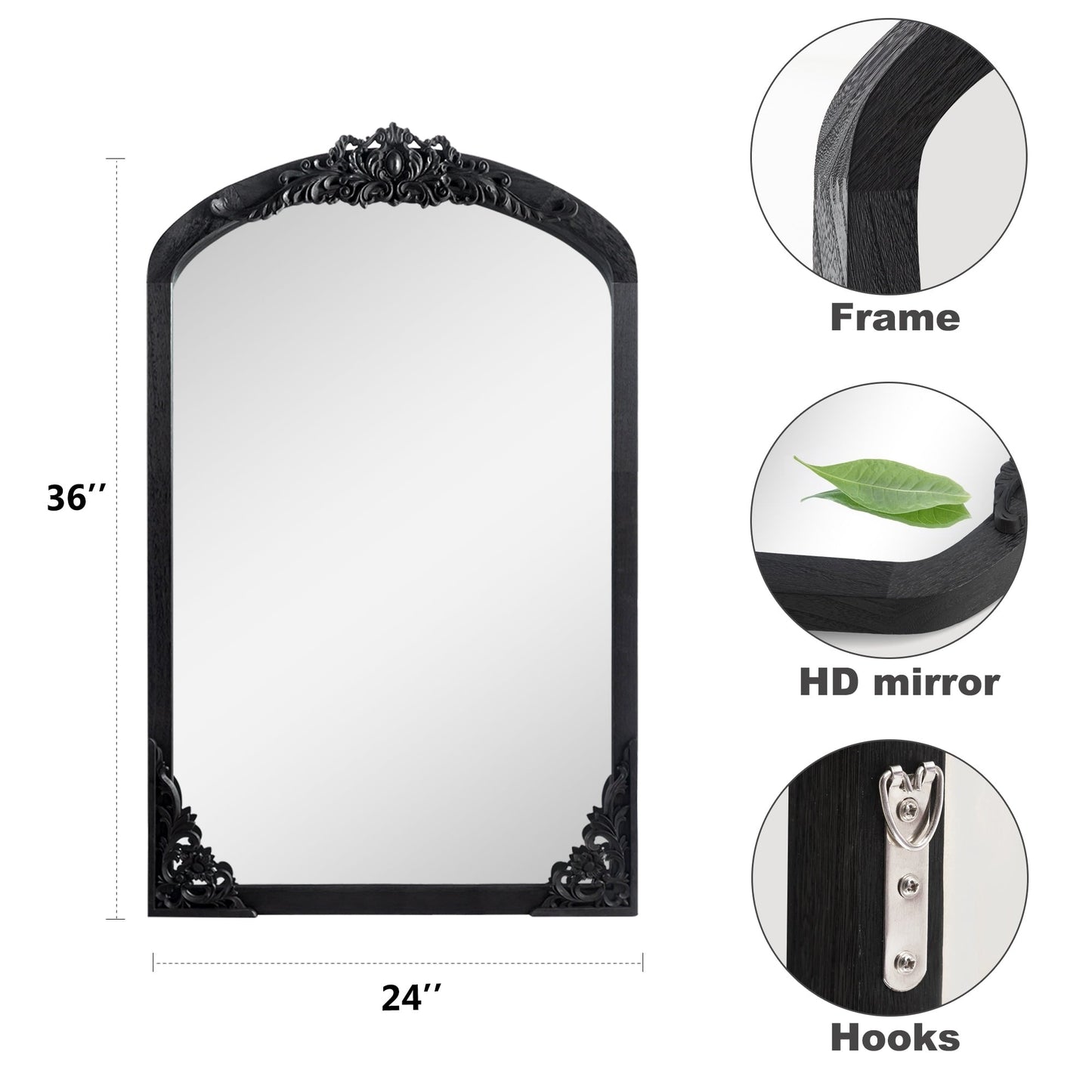 Grand miroir de sol en bois massif à encadrement incurvé et sculpture