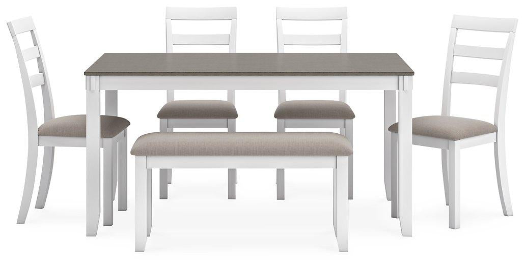 Table à manger et chaises Stonehollow avec banc (ensemble de 6)