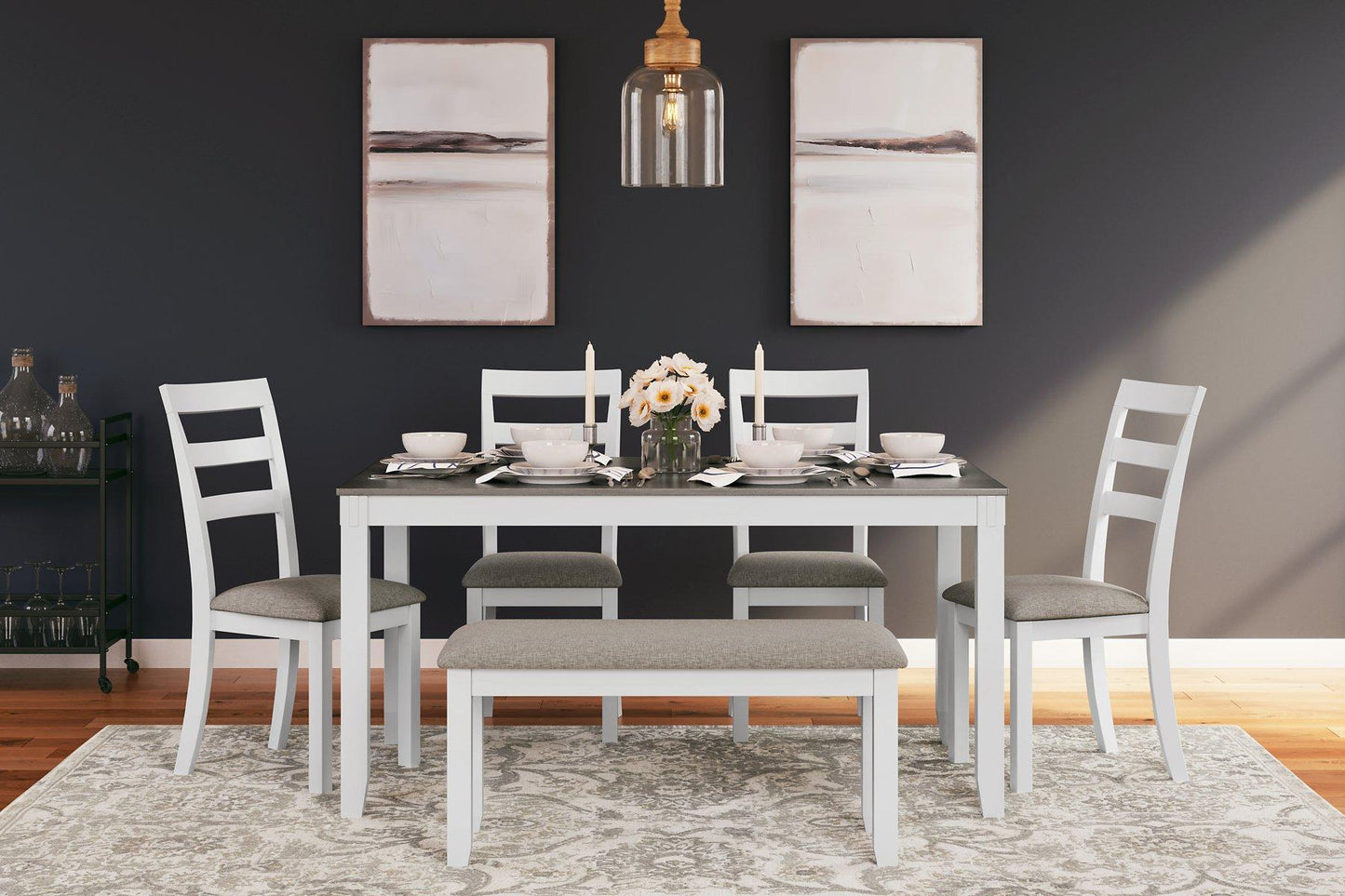 Table à manger et chaises Stonehollow avec banc (ensemble de 6)