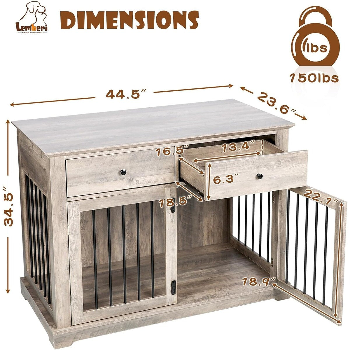 BOSSIN Meuble-abri pour chien de grande taille (112 cm), table de chevet en bois pour chien avec tiroirs de rangement, abri décoratif pour animaux de compagnie.