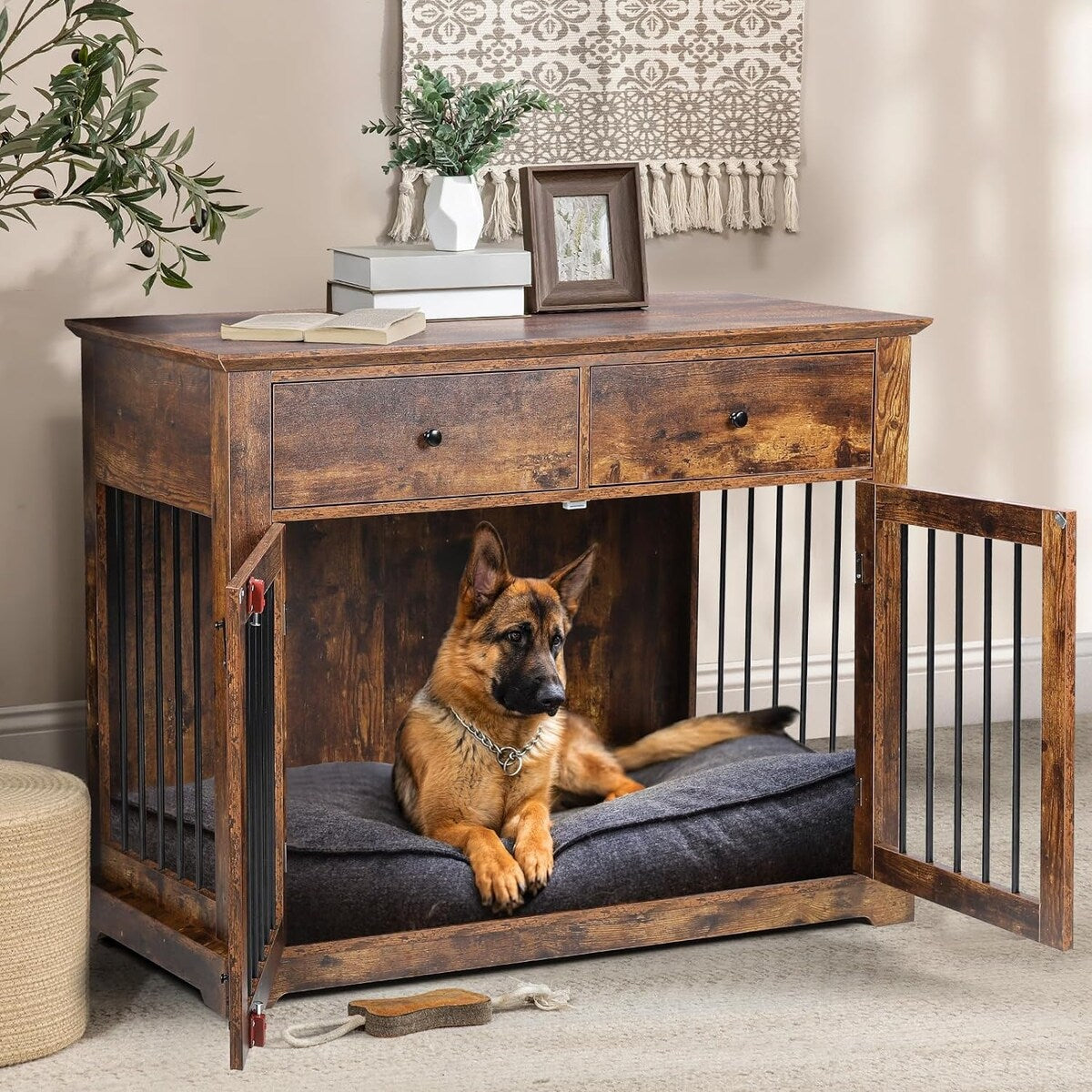 BOSSIN Meuble-abri pour chien de grande taille (112 cm), table de chevet en bois pour chien avec tiroirs de rangement, abri décoratif pour animaux de compagnie.
