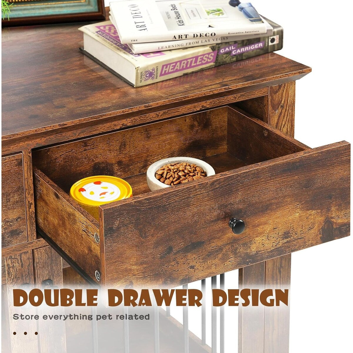 BOSSIN Meuble-abri pour chien de grande taille (112 cm), table de chevet en bois pour chien avec tiroirs de rangement, abri décoratif pour animaux de compagnie.