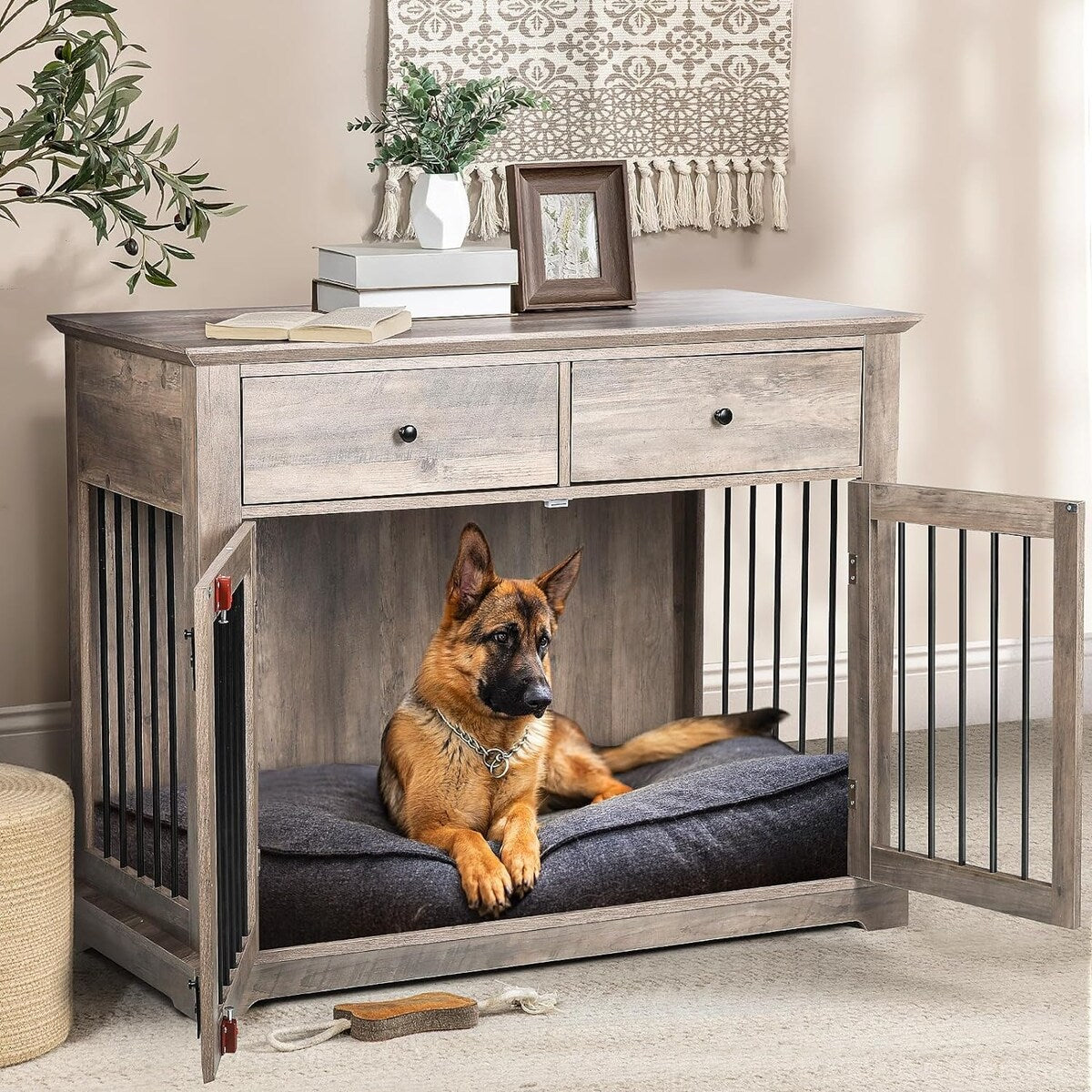 BOSSIN Meuble-abri pour chien de grande taille (112 cm), table de chevet en bois pour chien avec tiroirs de rangement, abri décoratif pour animaux de compagnie.
