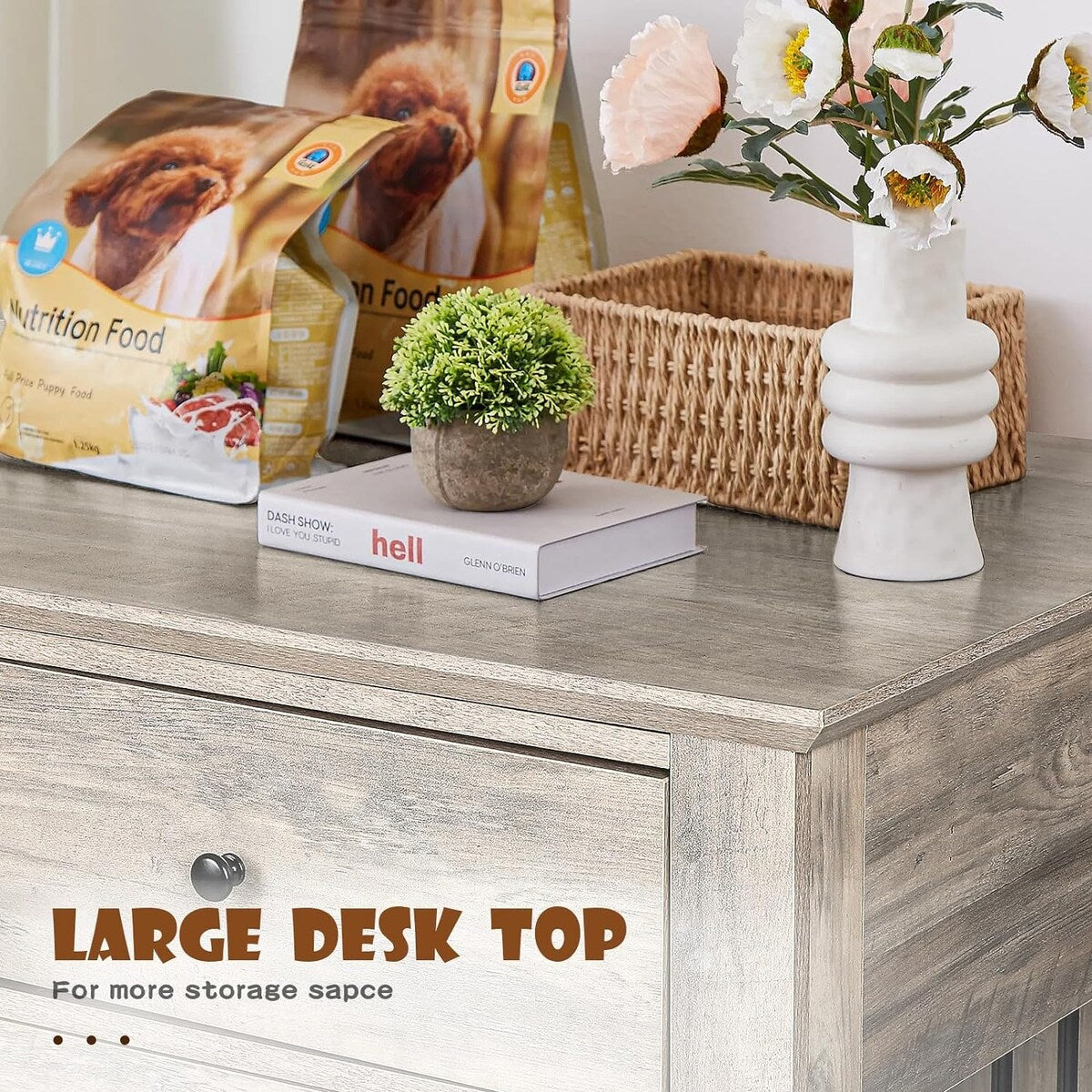 BOSSIN Meuble-abri pour chien de grande taille (112 cm), table de chevet en bois pour chien avec tiroirs de rangement, abri décoratif pour animaux de compagnie.