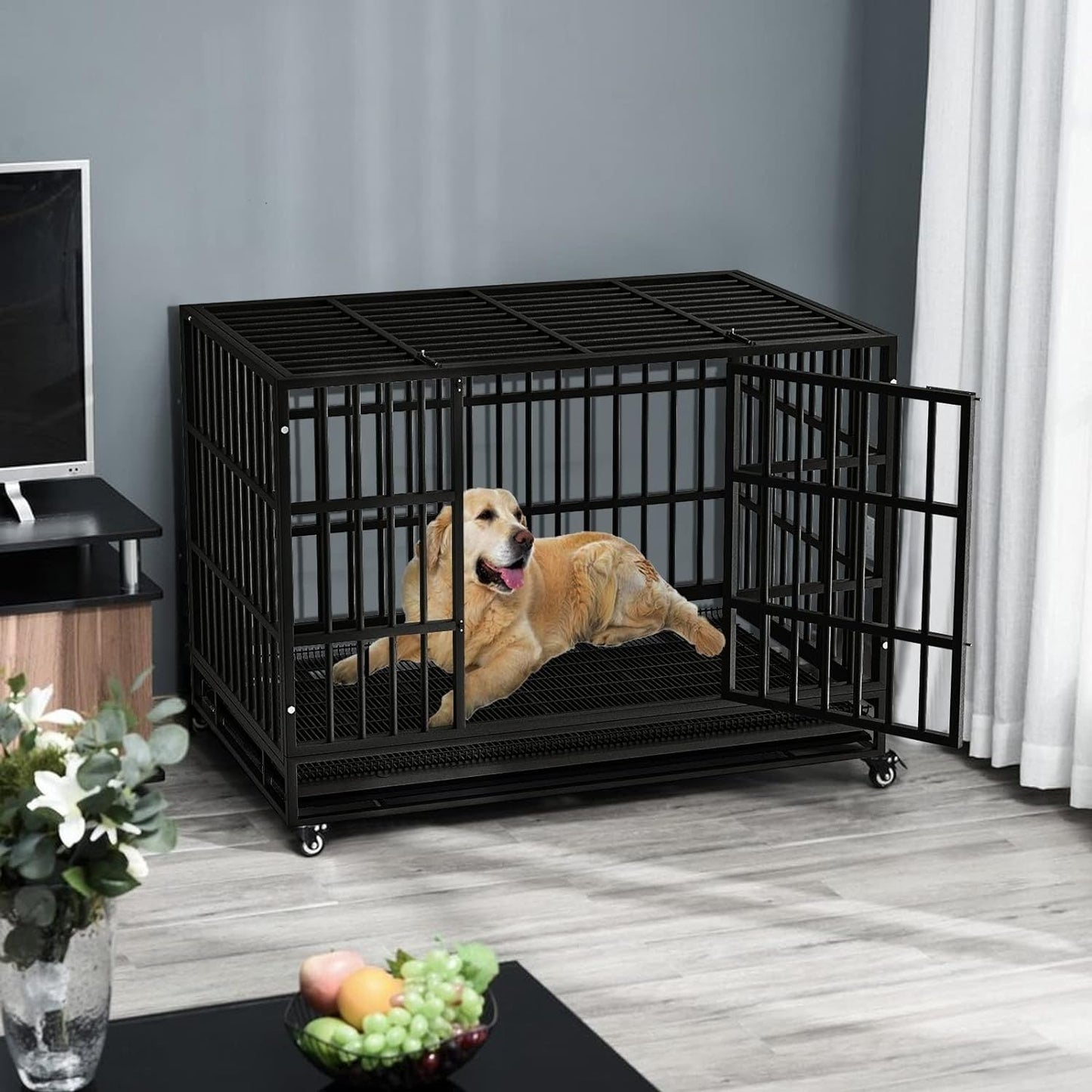 Cage pour chien BOSSIN 48/38 pouces, très résistante et indestructible, cage à chien anti-fuite avec roues verrouillables.