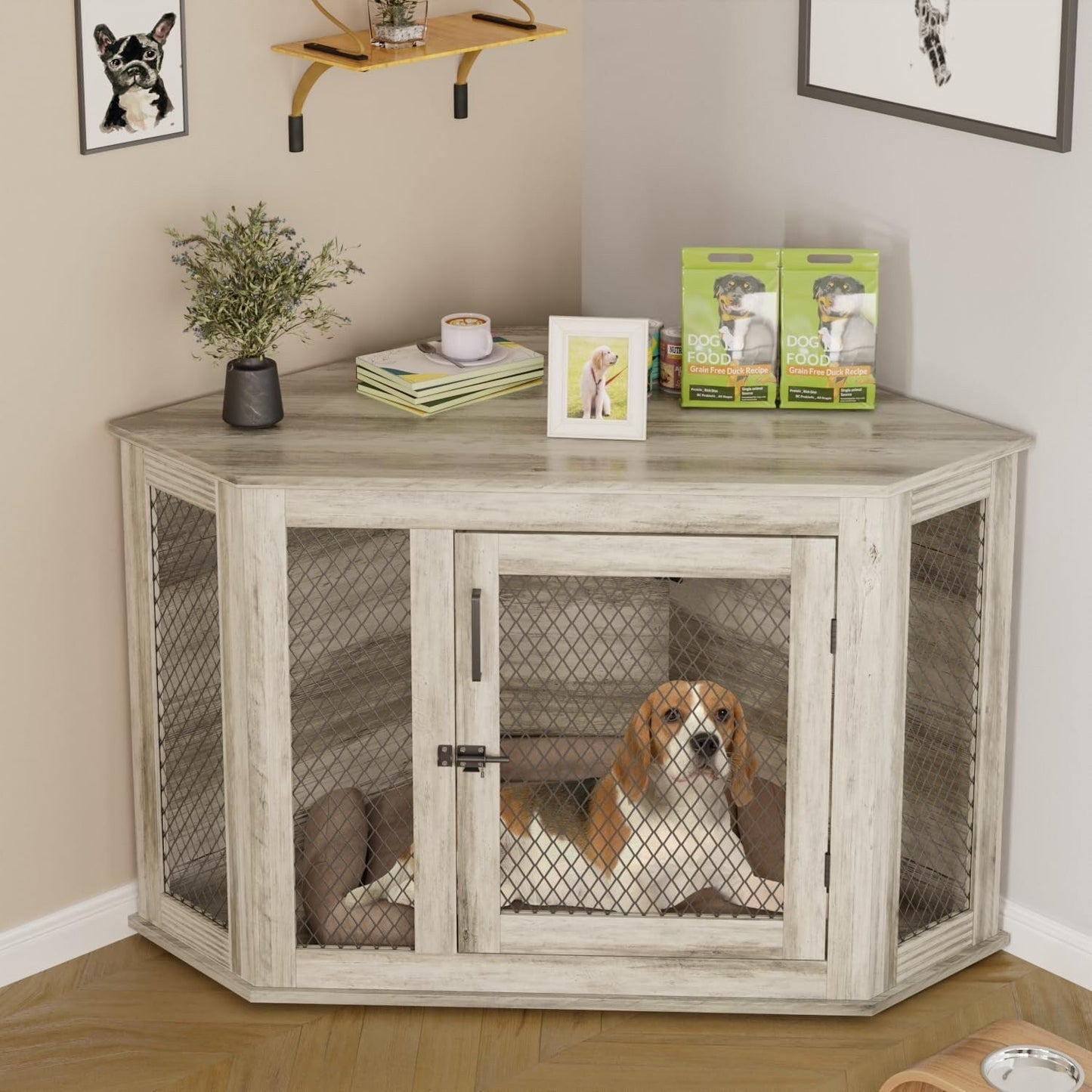 BOSSIN Meuble-côte pour chien d'angle, meuble-côte en bois pour chien de 112/132 cm avec grille, maison de chien en bois décorative pour usage intérieur.