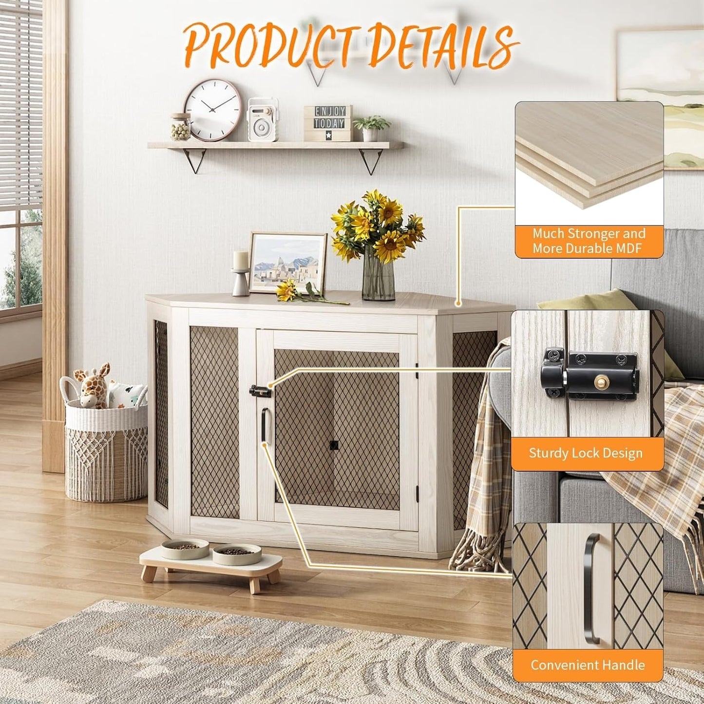 BOSSIN Meuble-côte pour chien d'angle, meuble-côte en bois pour chien de 112/132 cm avec grille, maison de chien en bois décorative pour usage intérieur.