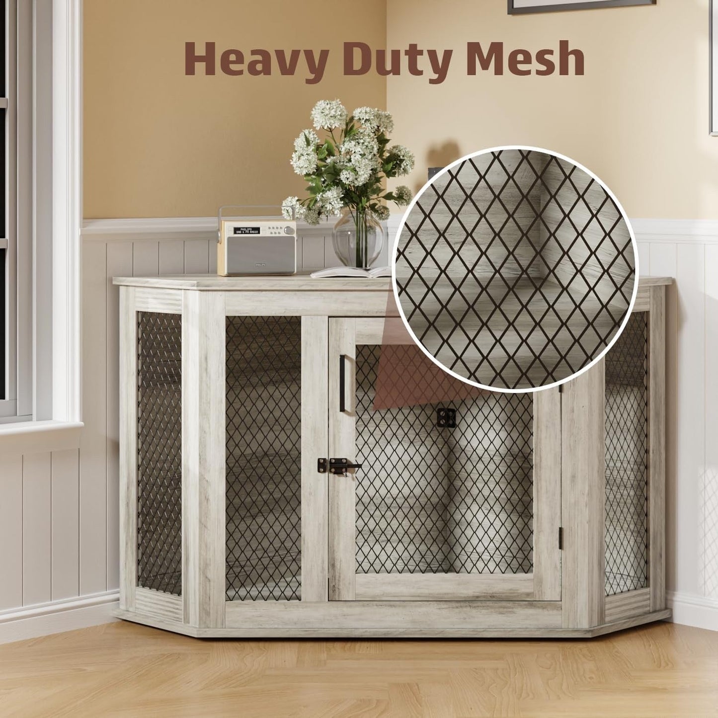 BOSSIN Meuble-côte pour chien d'angle, meuble-côte en bois pour chien de 112/132 cm avec grille, maison de chien en bois décorative pour usage intérieur.